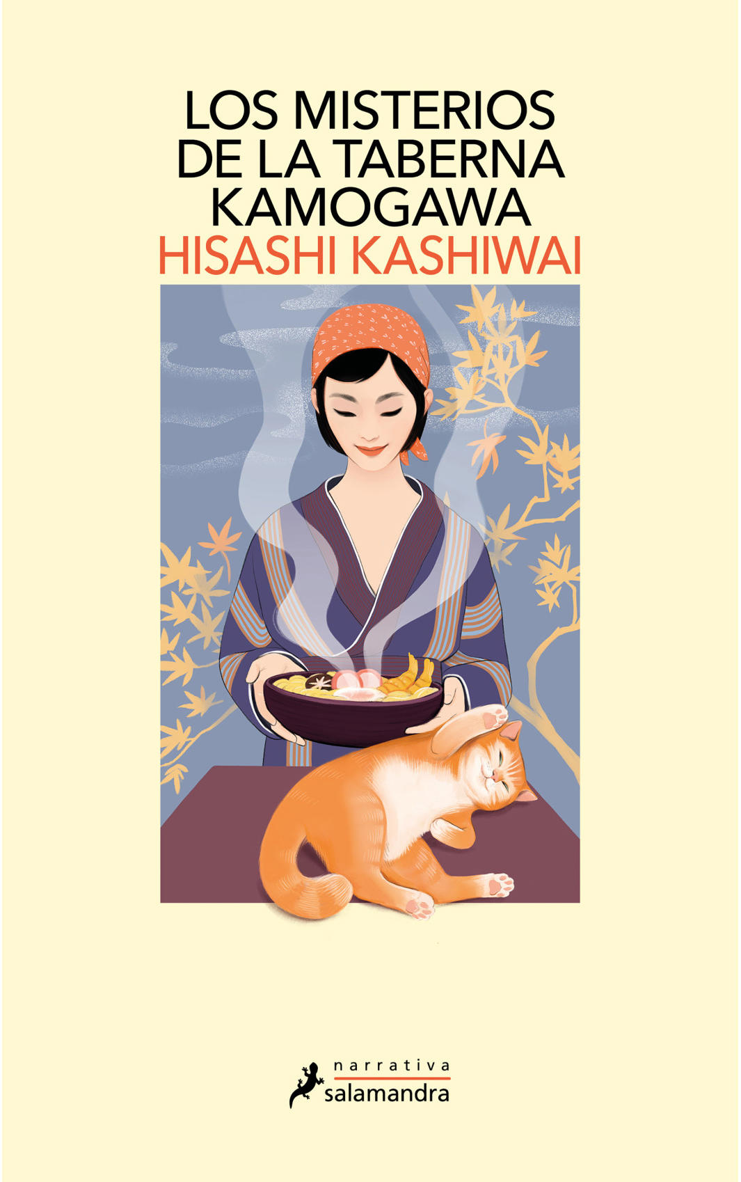 Portada de libro con mujer sosteniendo un plato de comida y gato
