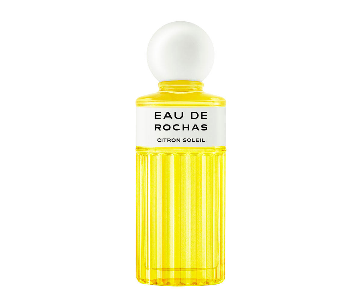 Frasco de perfume amarillo con etiqueta y tapón blancos
