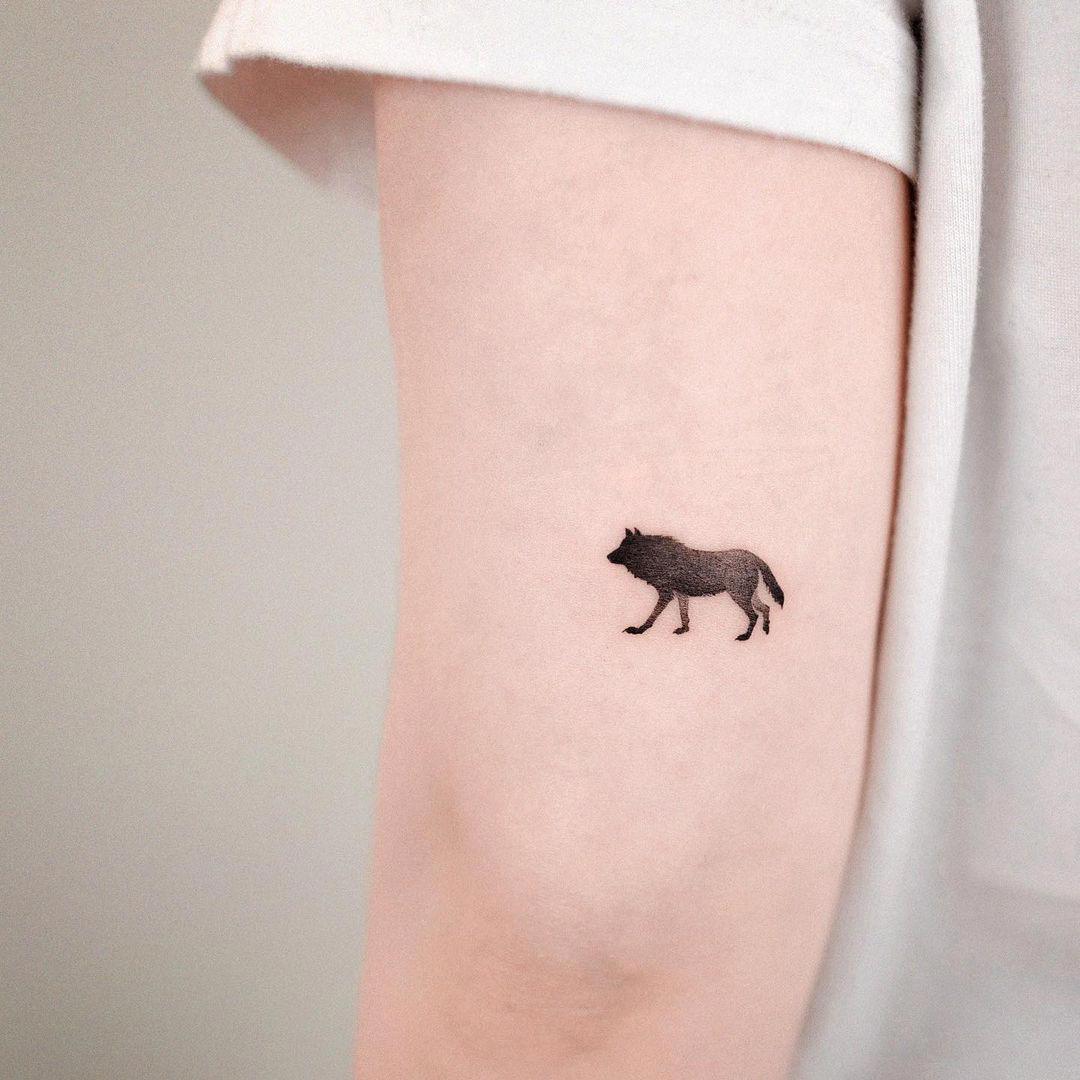 Tatuaje diminuto de lobo en el brazo
