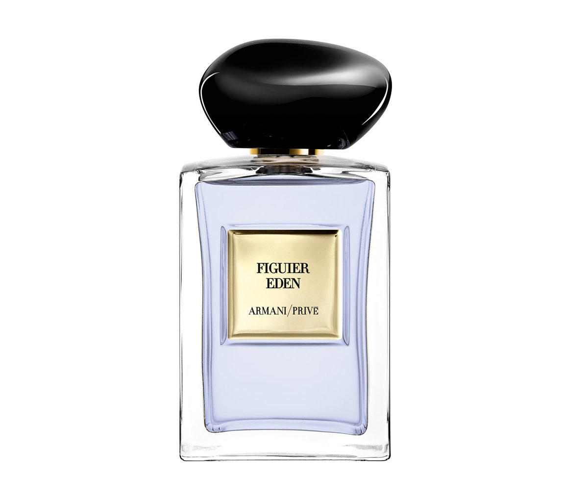 frasco de perfume morado con tapón negro y placa dorada