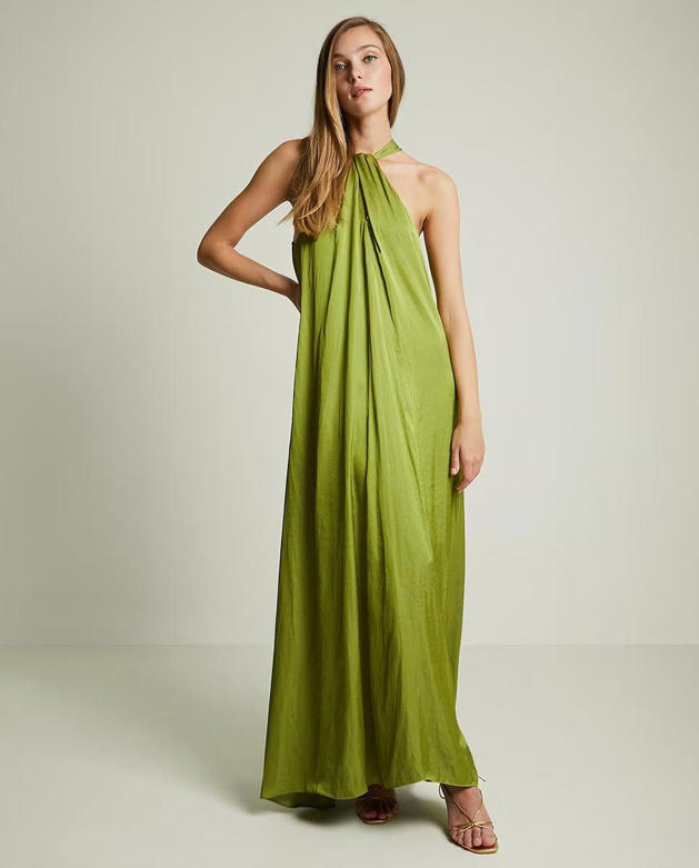 Vestido sencillo de chiffon estilo halter con abertura Plata Tallas Grandes