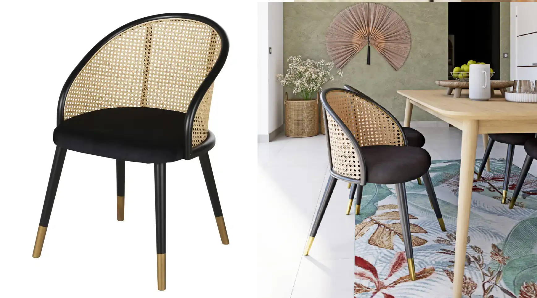 Sockette, silla con reposabrazos de terciopelo negro y rejilla de mimbre