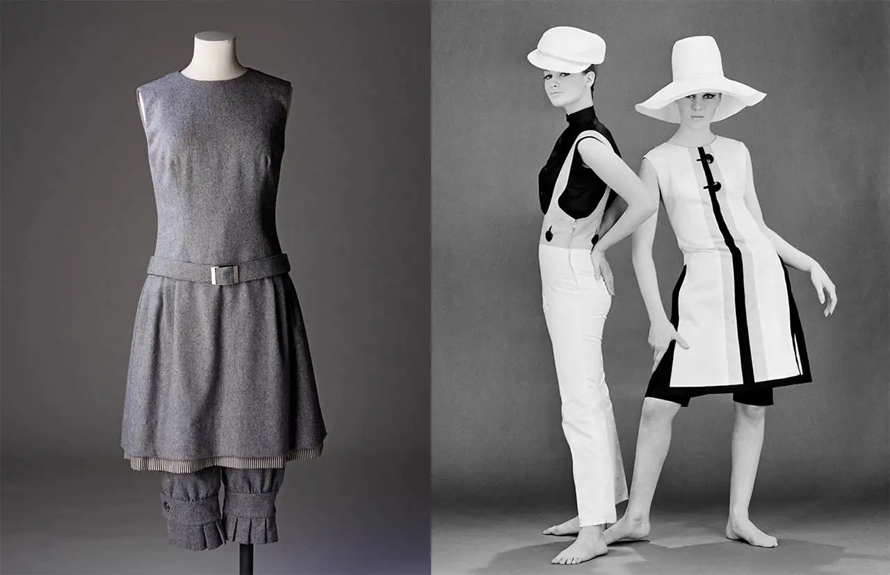 De izquierda a derecha: Conjunto de vestido y pantalones bombachos, Mary Quant, diseñado en 1958 y fabricado en 1973, Inglaterra. N.º de museo T.103 a C-1976, donado por Mary Quant. Peto 'Plunkets', vestido playero 'Daisy' con pantalones cortos '7 Up', Mary Quant. Fotografía de John French, 1963 