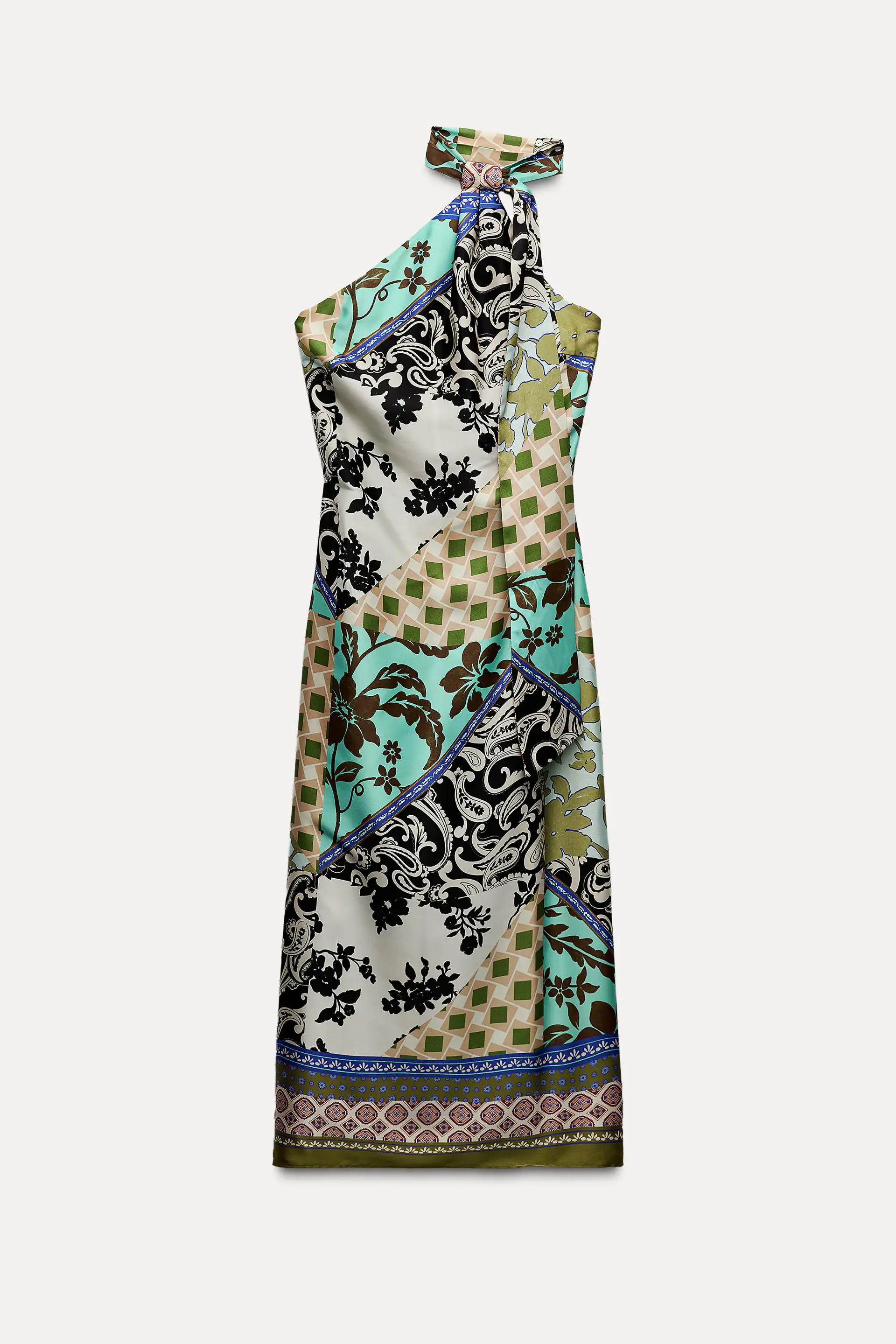 Vestido Satinado Estampado Patchwork