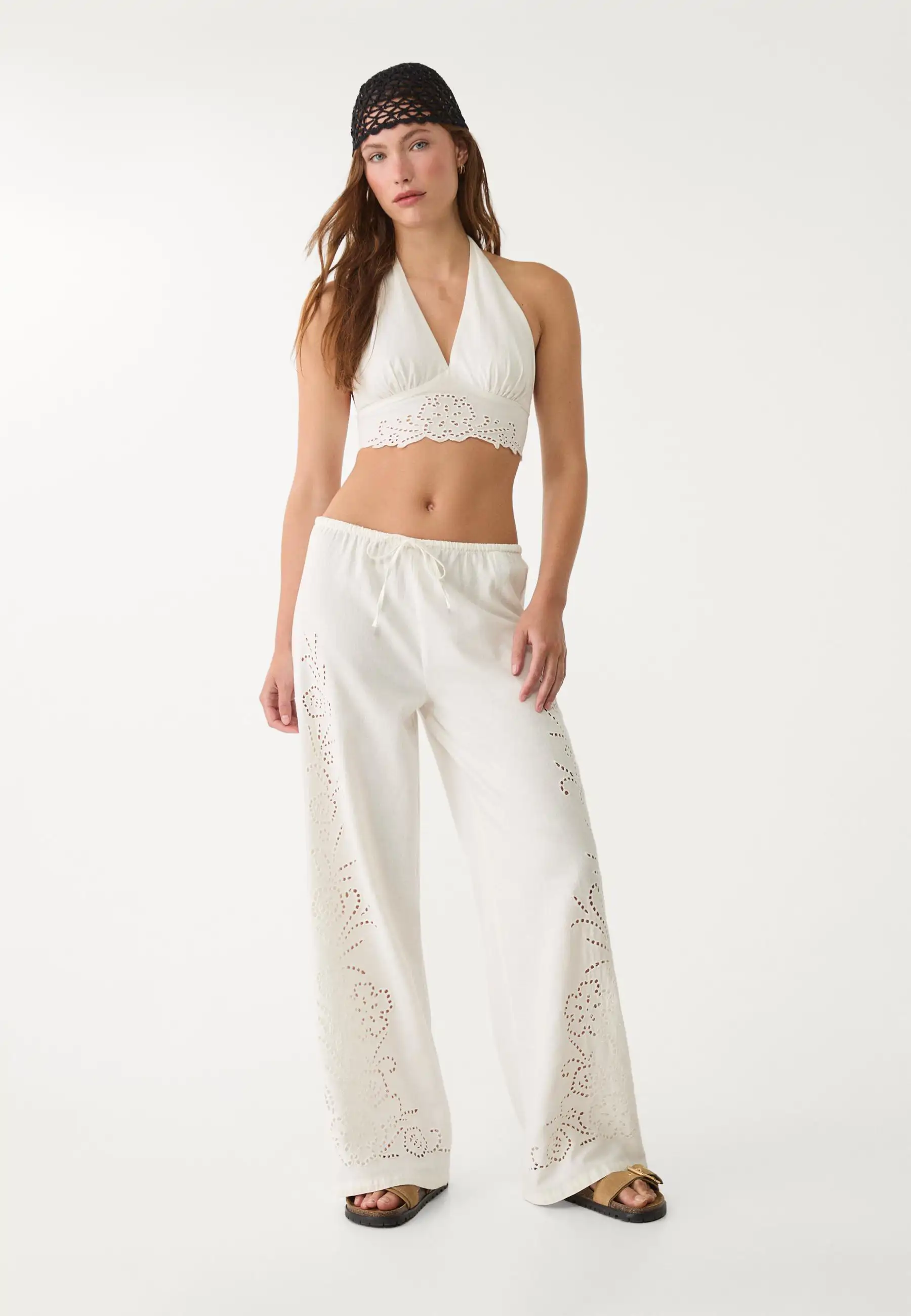 Pantalón Fluidlo Bordado con Lino