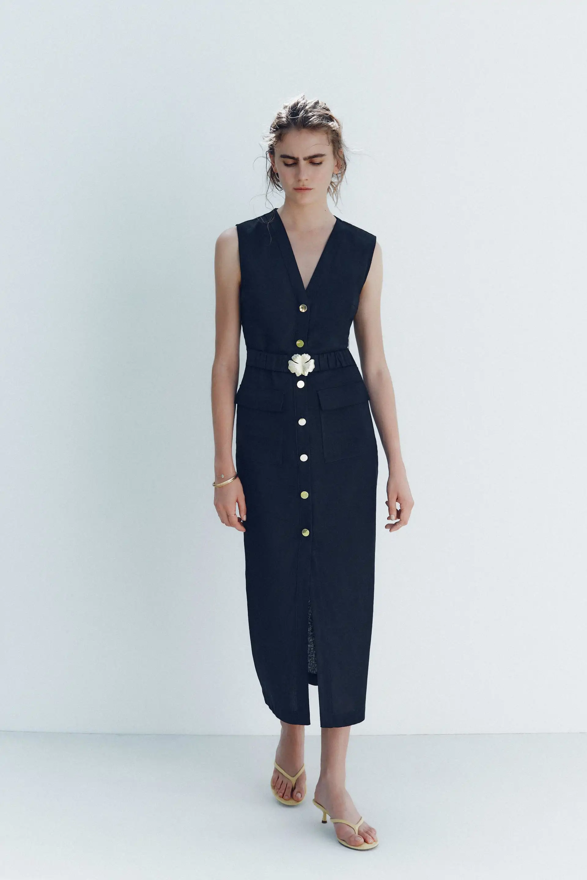 VESTIDO MIDI CINTURÓN CON LINO